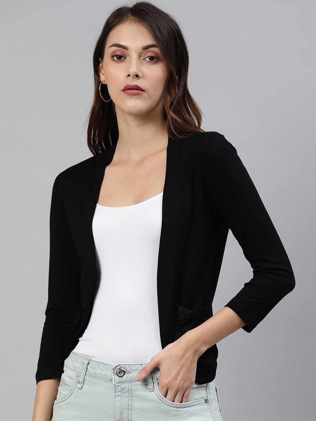 

zebu Women Black Solid Open Front Shrug