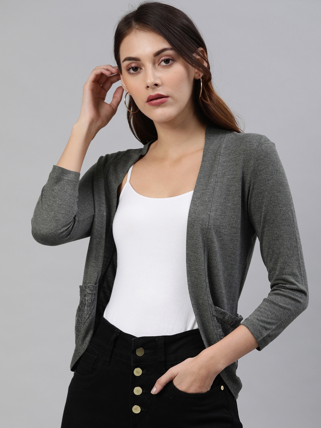 

zebu Women Grey Solid Open Front Shrug