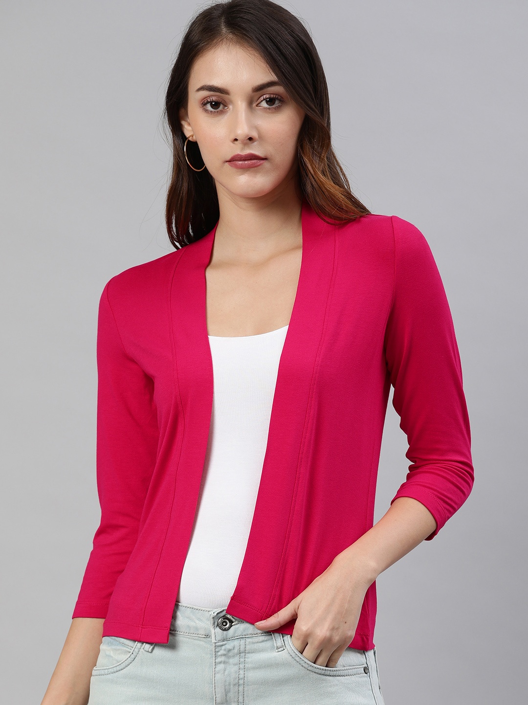 

zebu Women Pink Solid Open Front Shrug