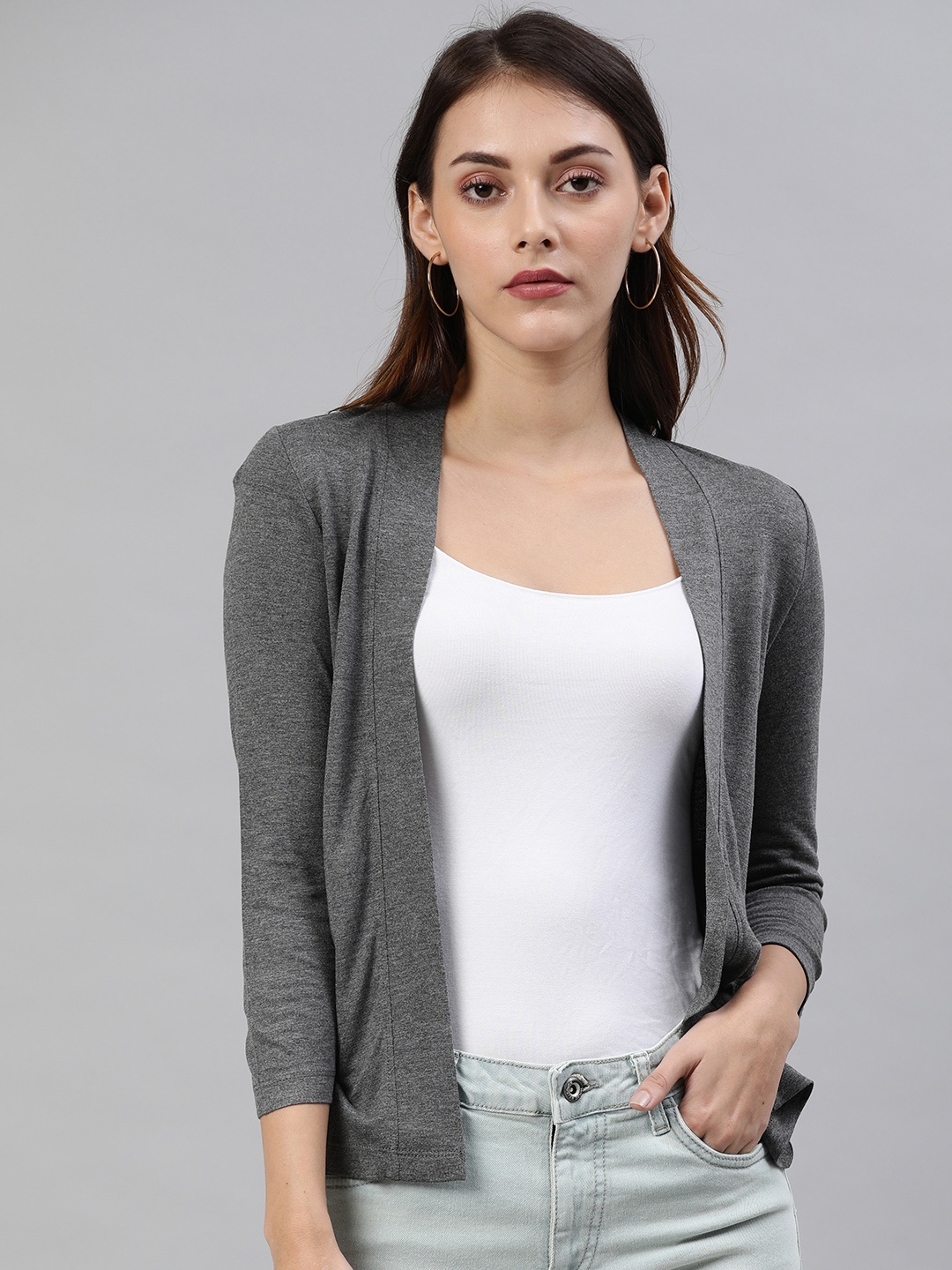 

zebu Women Grey Solid Open Front Shrug