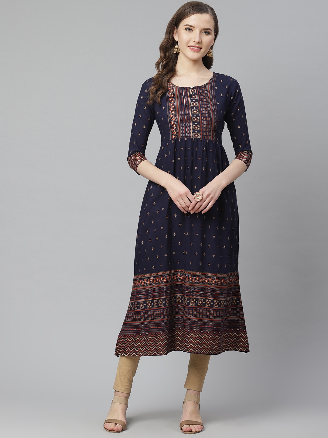 

mokshi Women Navy Blue & Beige Ethnic Motif Foil Print A-Line Kurta