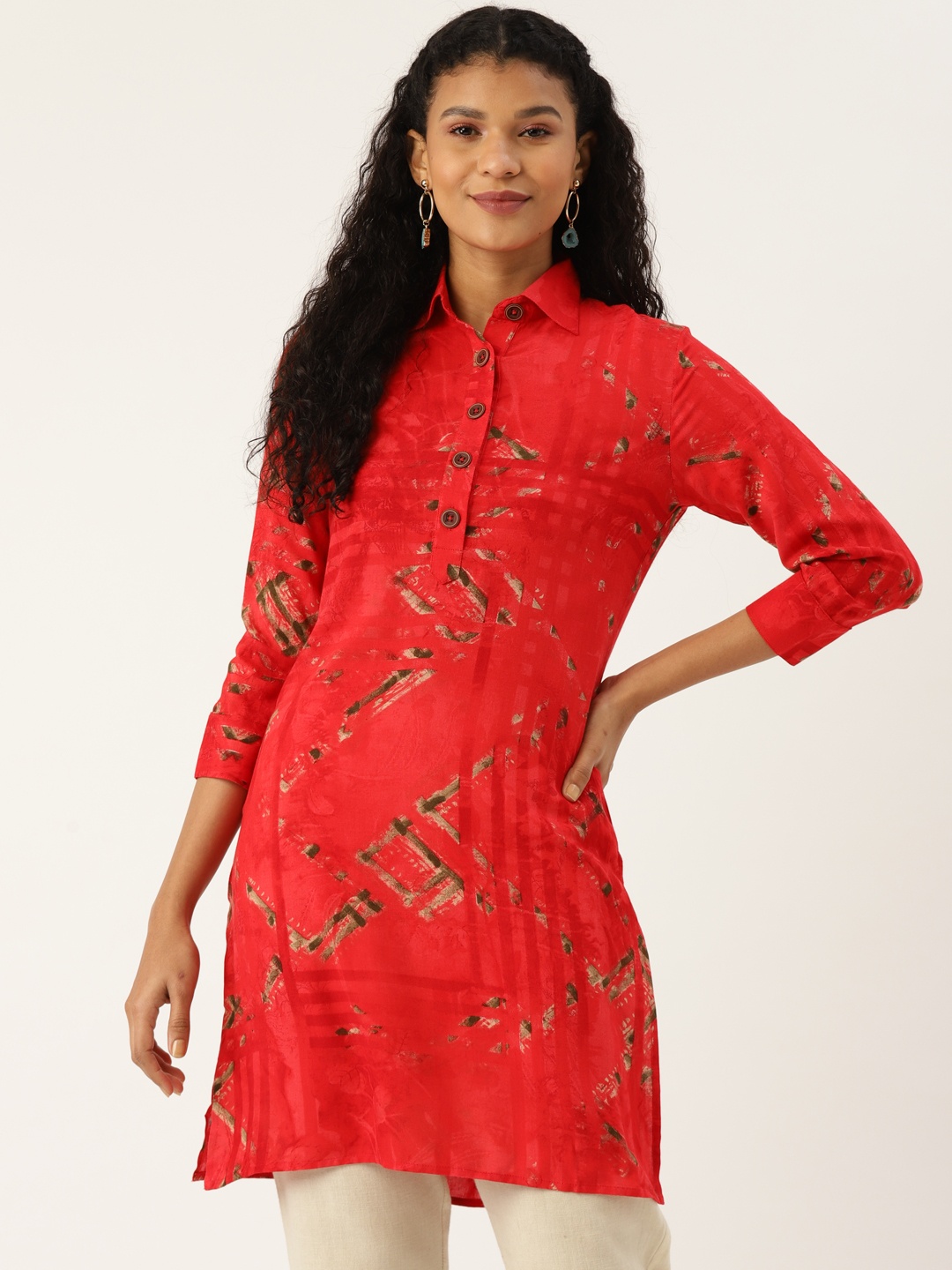 

Cottinfab Women Red & Grey Printed Kurti