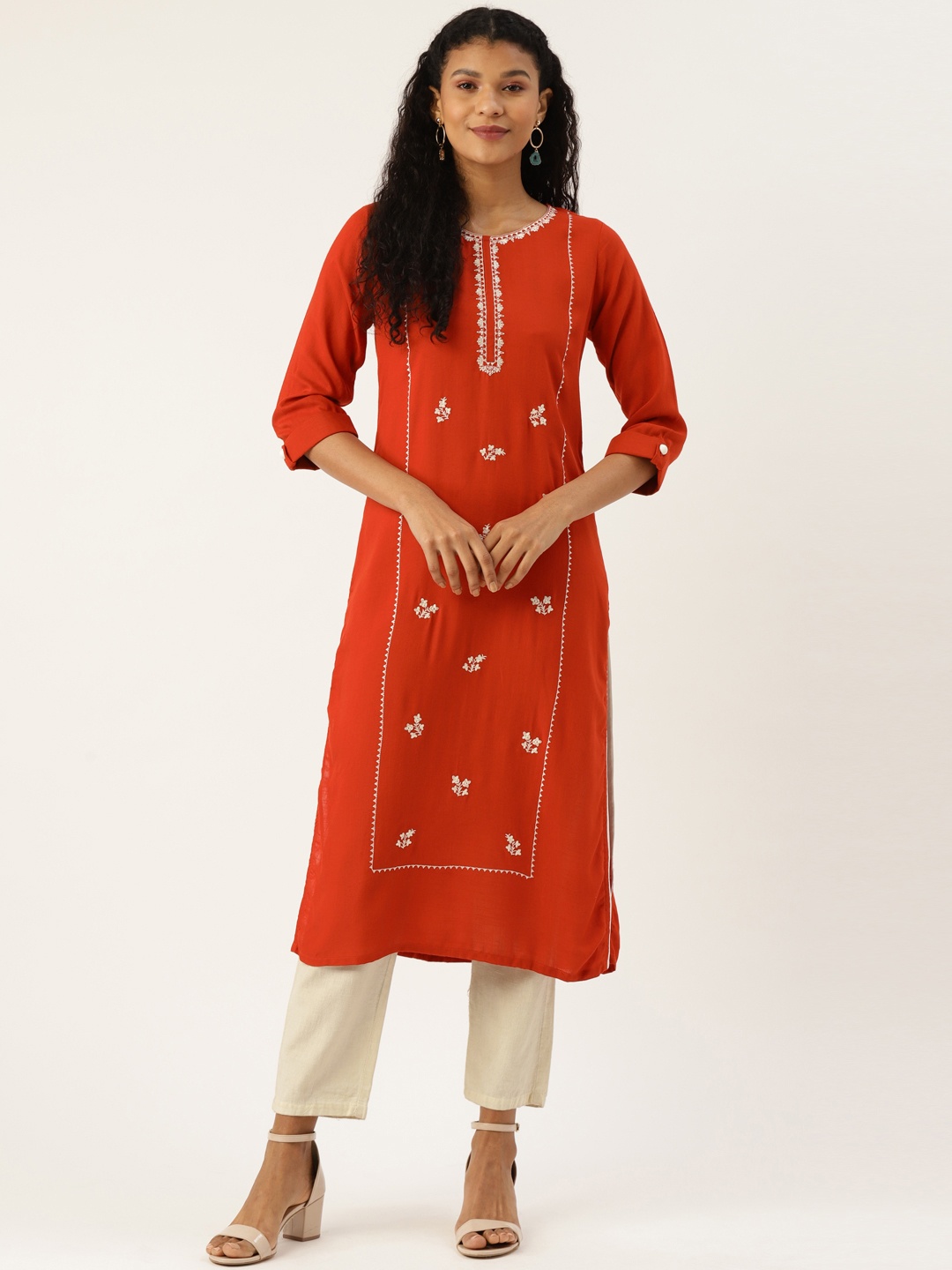 

Cottinfab Women Rust Red & White Embroidered Straight Kurta