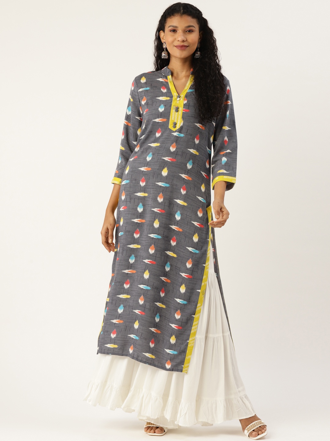 

Cottinfab Women Grey & Yellow Printed Straight Kurta