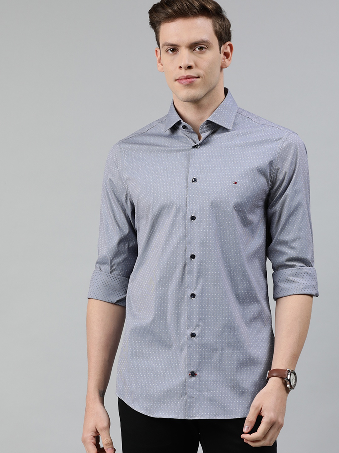

Tommy Hilfiger Men Grey Stretch Tailored Slim Fit Self Design Casual Shirt