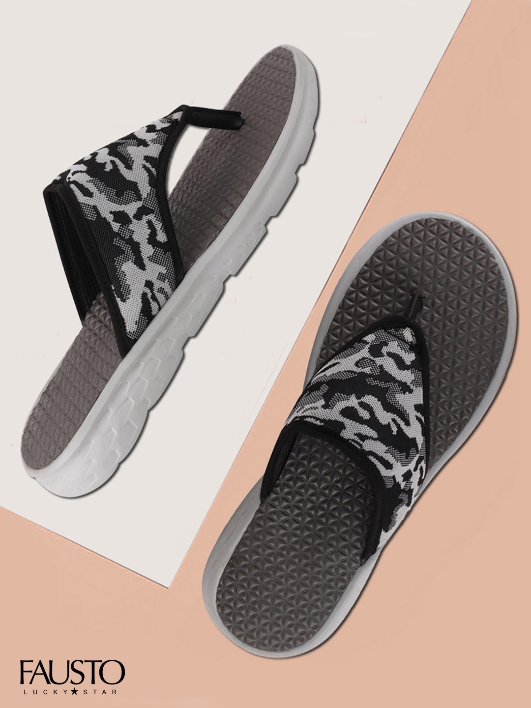 

FAUSTO Men Grey & Black Printed Thong Flip-Flops