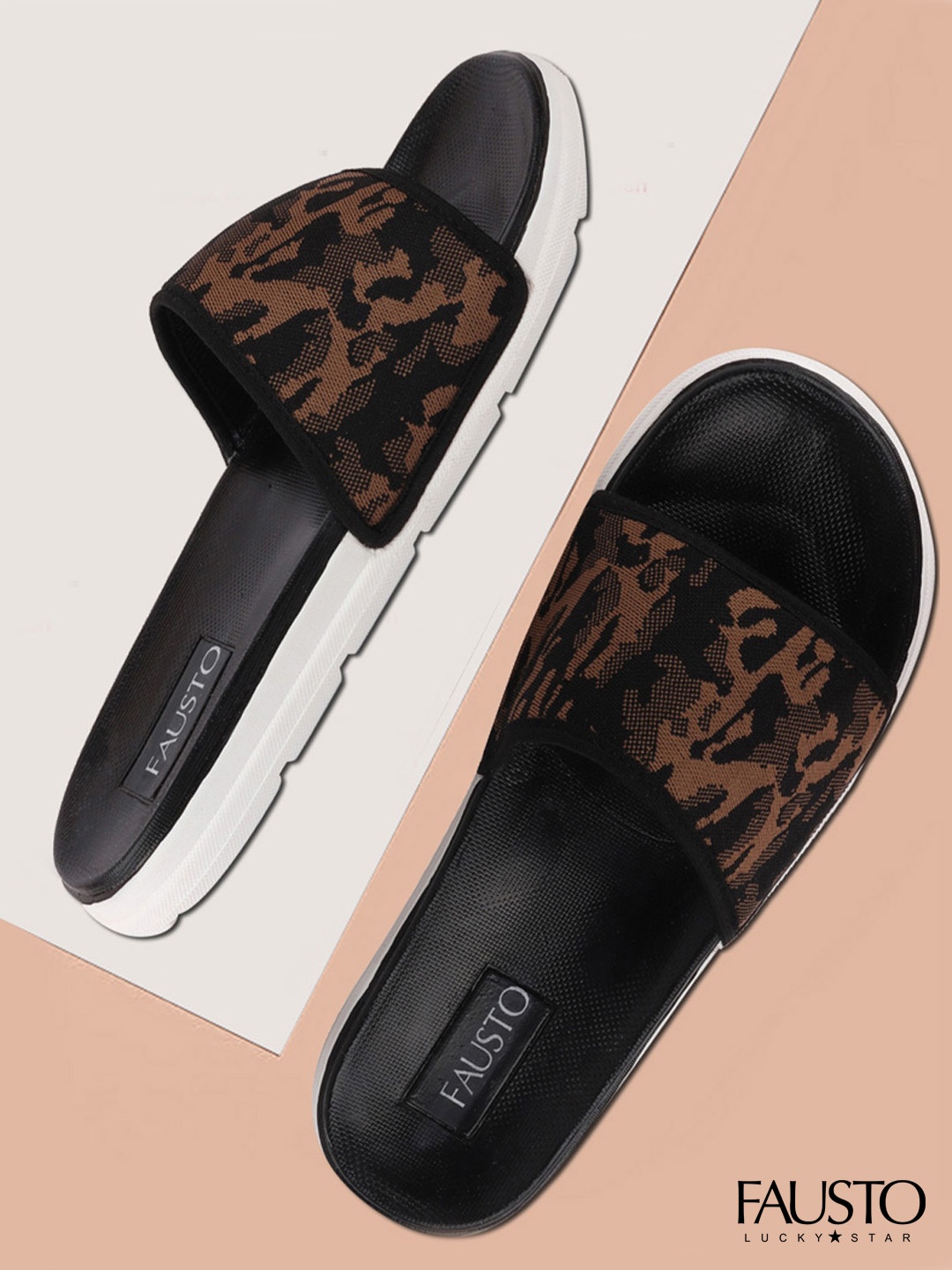 

FAUSTO Men Brown & Black Printed Sliders