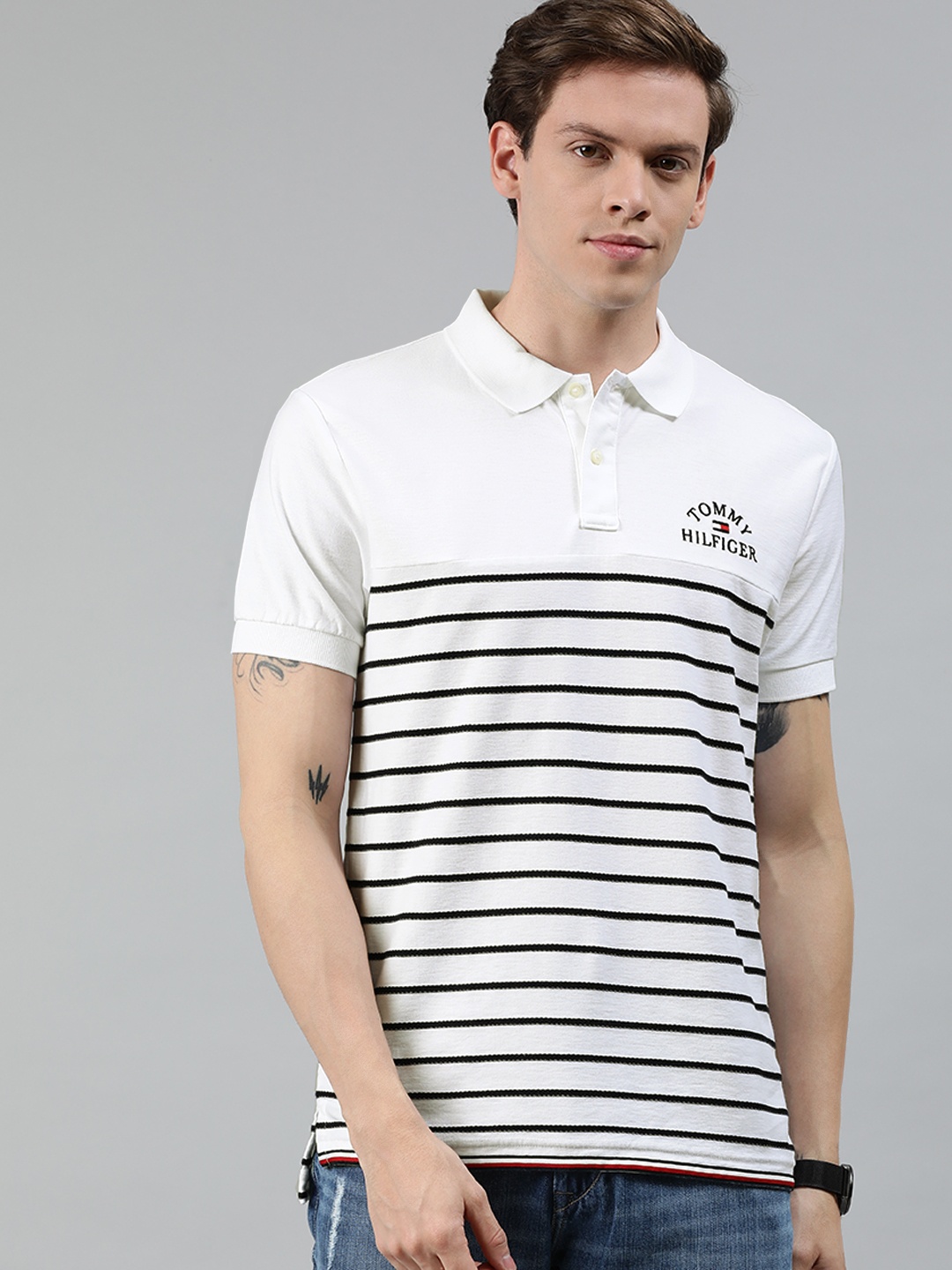 

Tommy Hilfiger Men White & Navy Blue Striped BRETON Polo Collar T-shirt