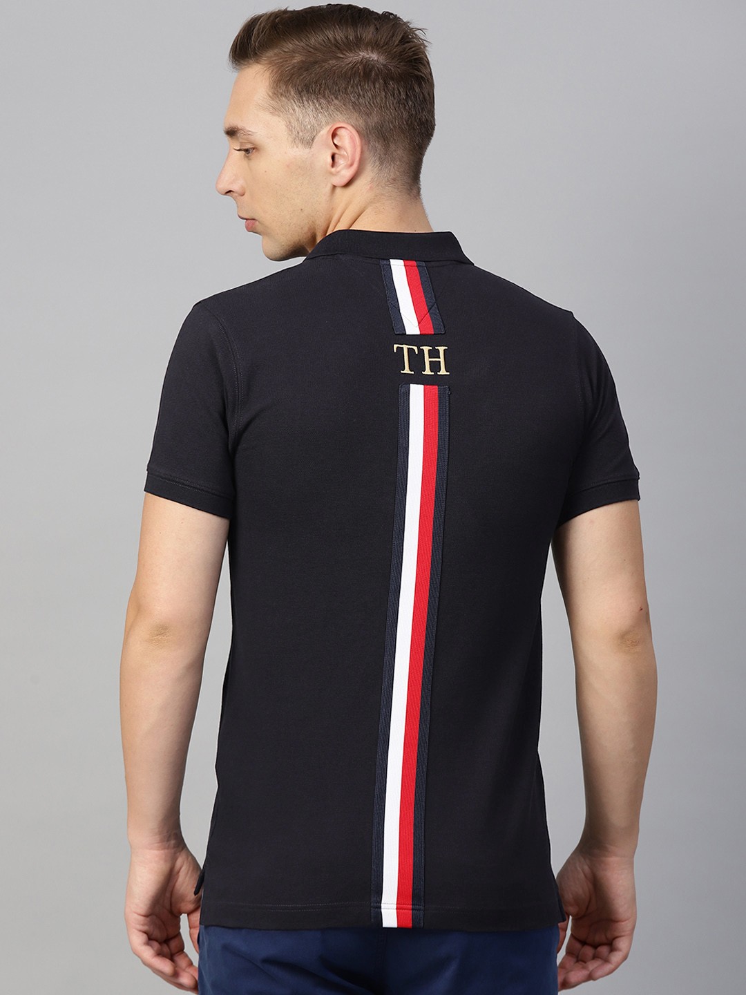 

Tommy Hilfiger Men Navy Blue Back Striped Polo Collar T-shirt
