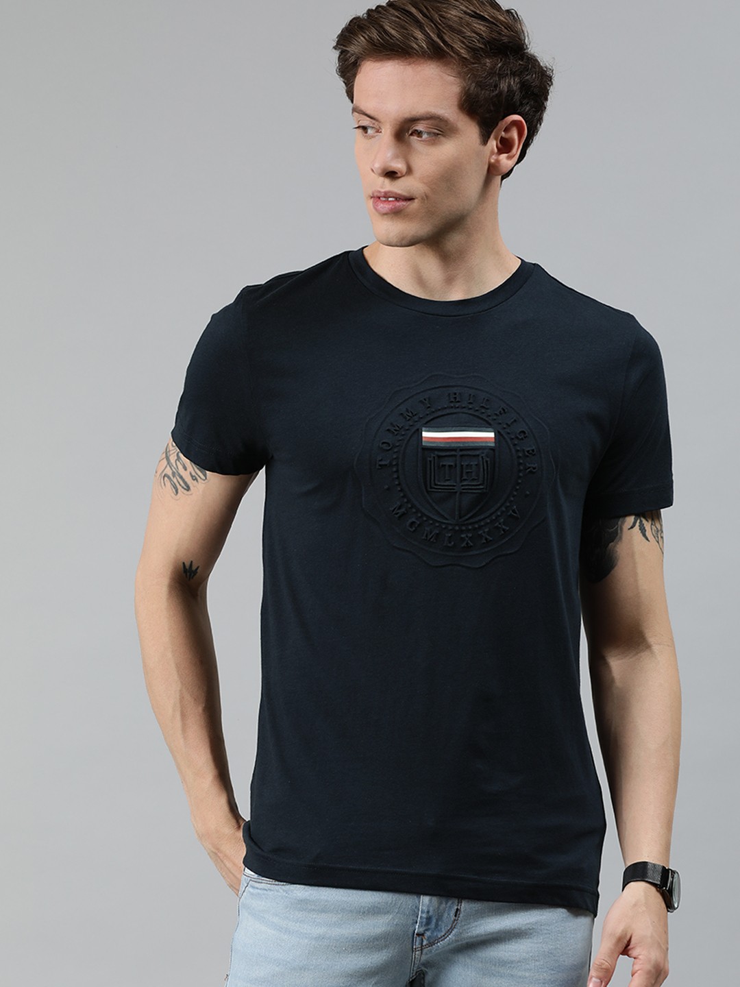 

Tommy Hilfiger Men Navy Blue Tonal Crest Embossed Round Neck T-shirt