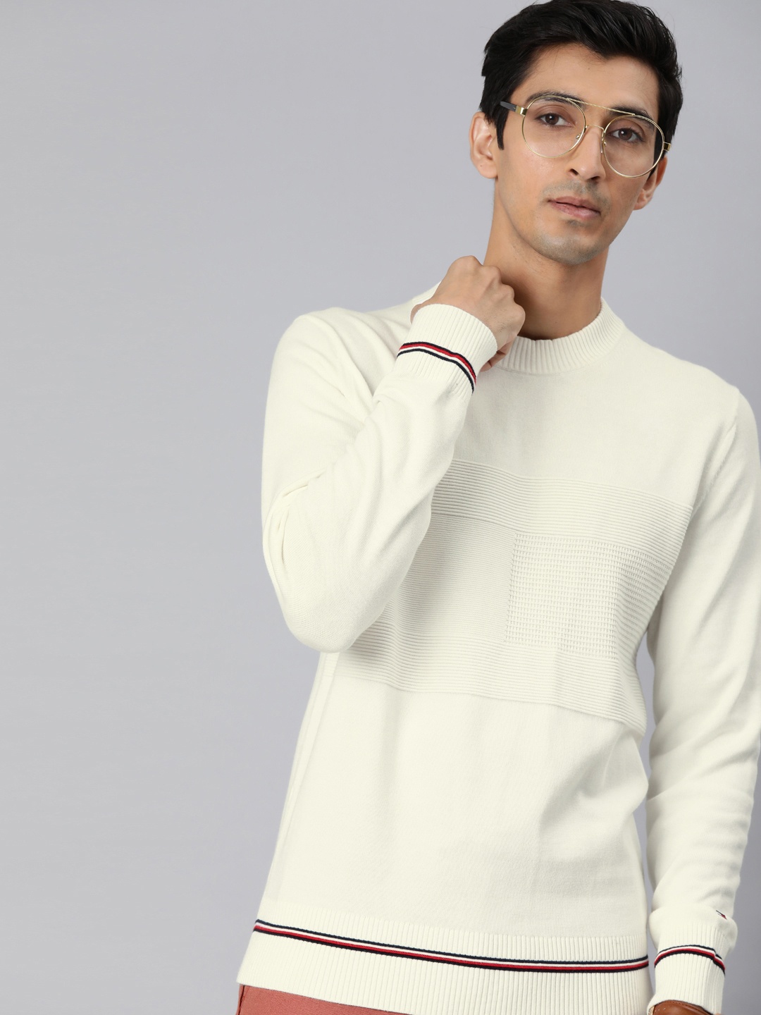 

Tommy Hilfiger Men Off-White Self Design Pullover Sweater