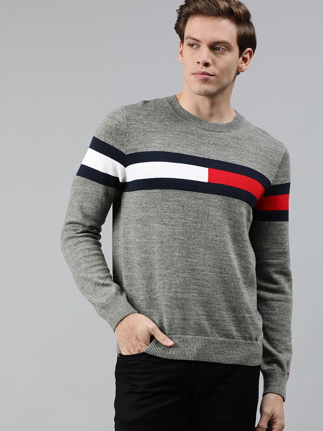 

Tommy Hilfiger Men Grey & Navy Blue Striped Pullover Sweater