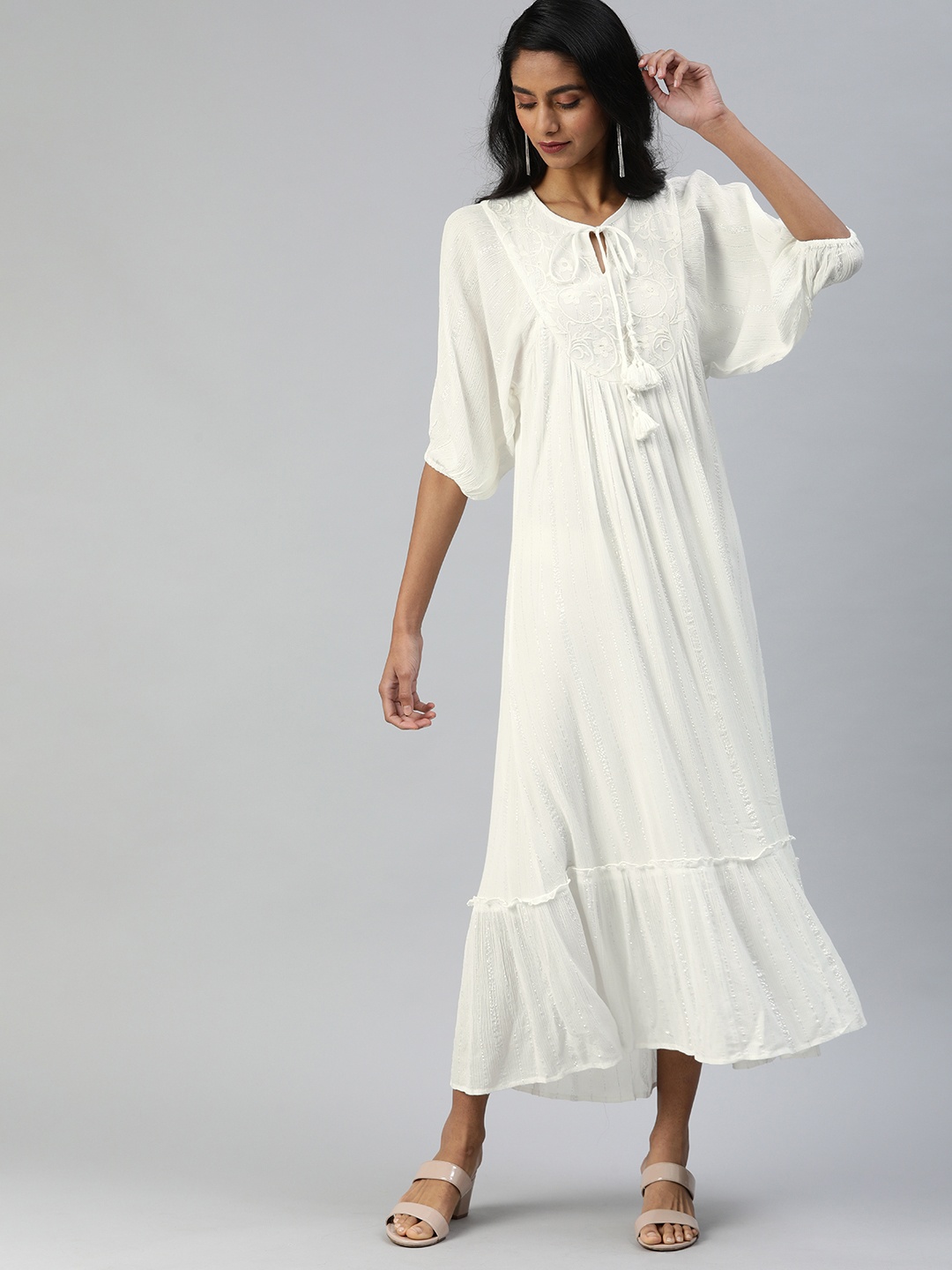 

Ishin Women White Self-Striped Maxi Dress with Embroidered Detail