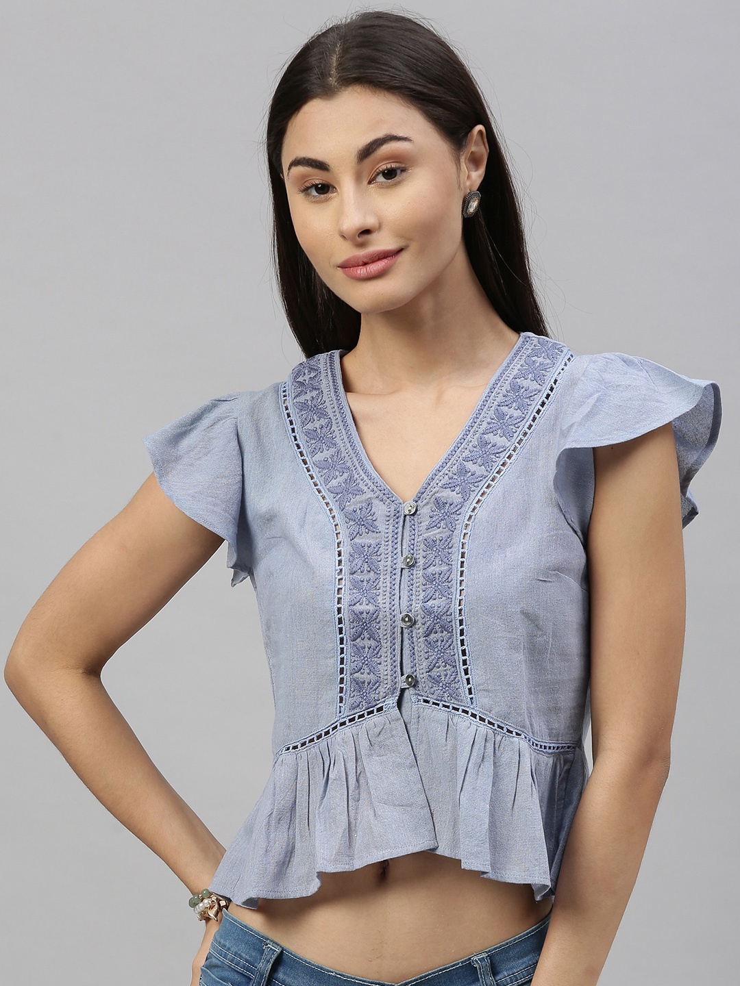 

Ishin Women Blue Embroidered Gathered Crop Pure Cotton Top