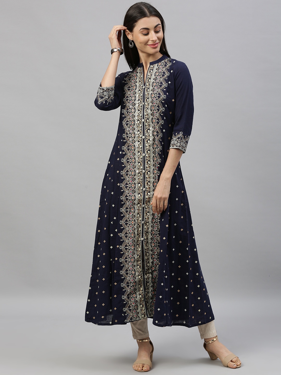 

Ishin Women Navy Blue & Beige Printed A-Line Kurta