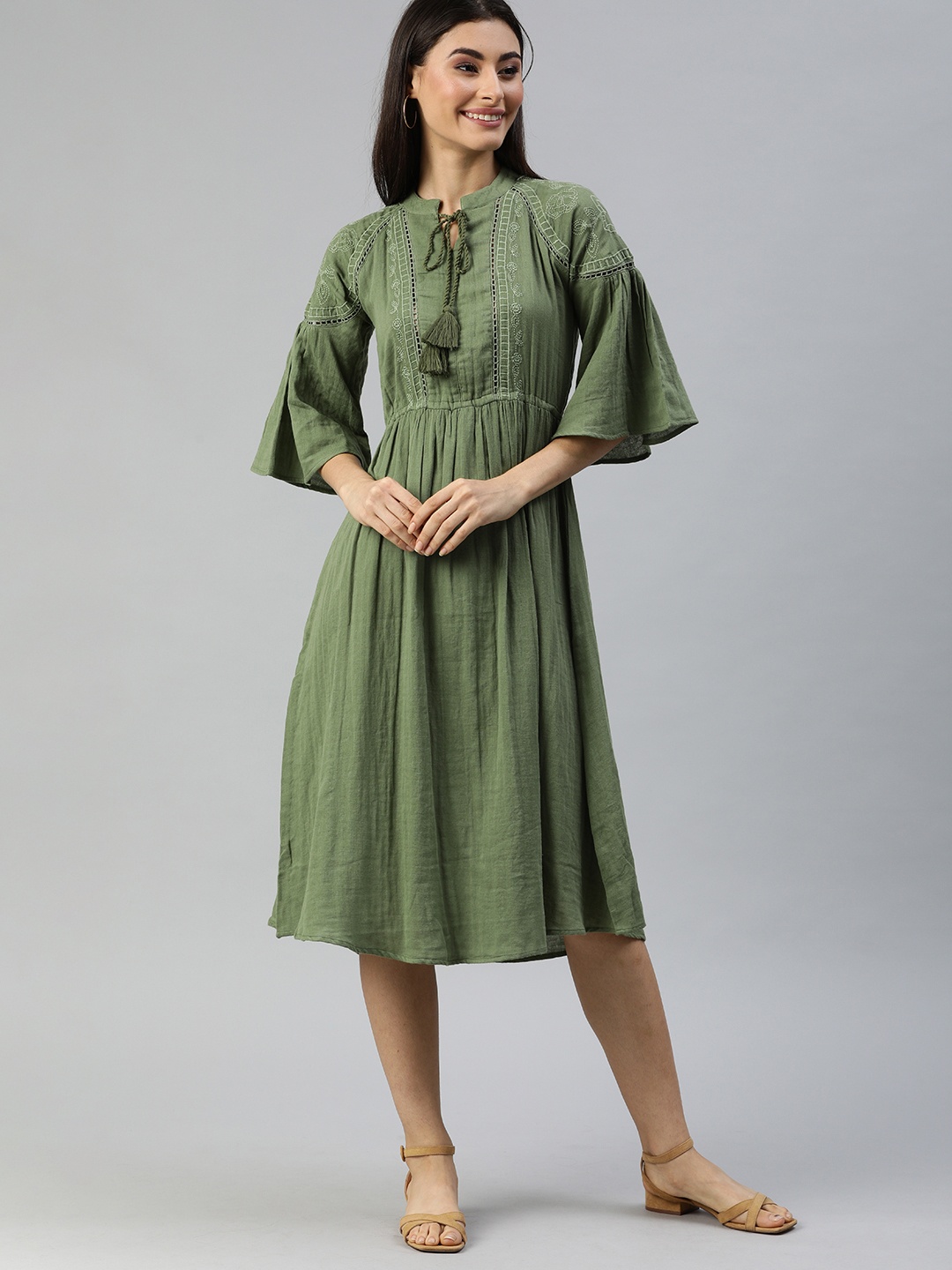 

Ishin Women Olive Green Embroidered A-Line Dress With Flared Sleeves