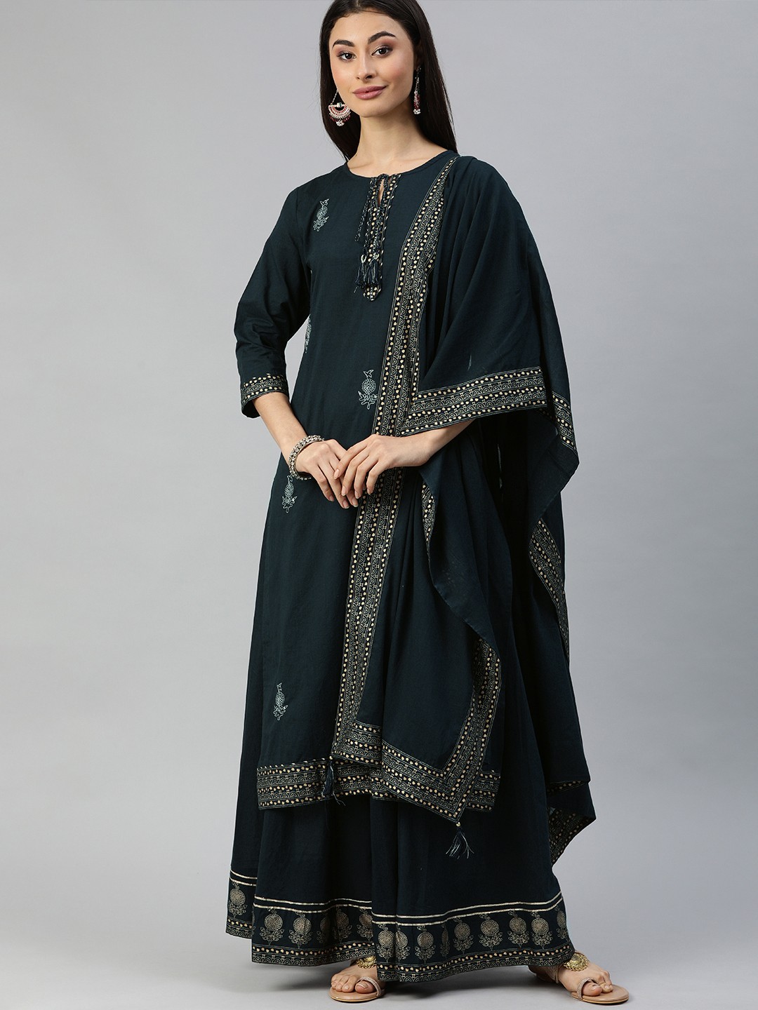 

Ishin Women Navy Blue Embroidered Sequinned Kurta with Palazzos & Dupatta