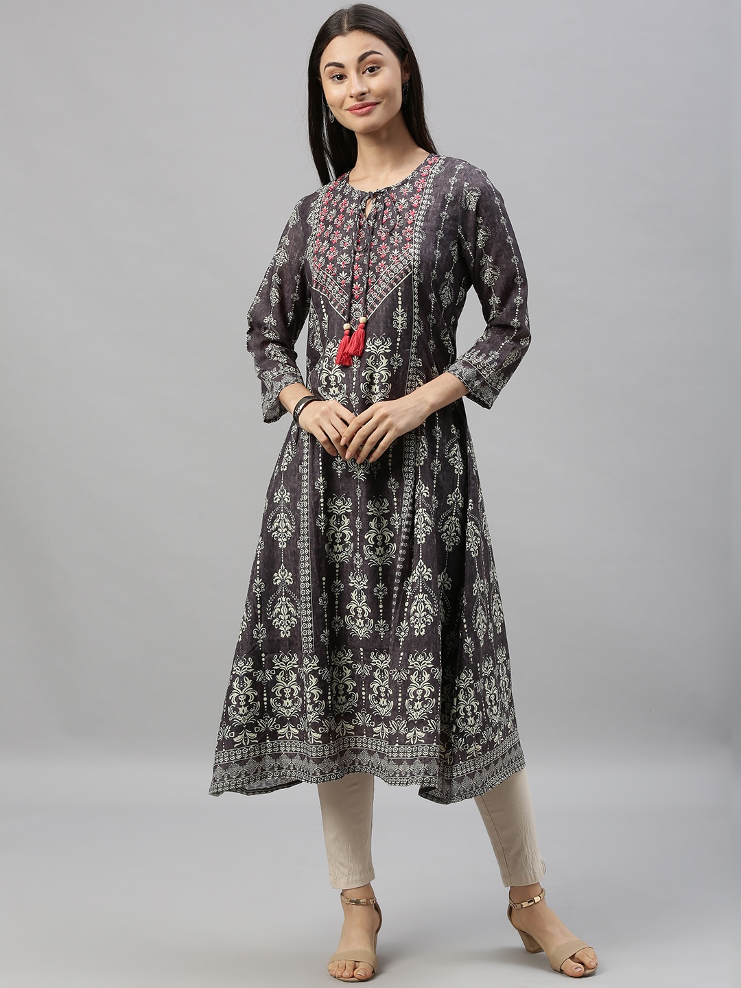 

Ishin Women Charcoal Grey & White Printed A-Line Kurta