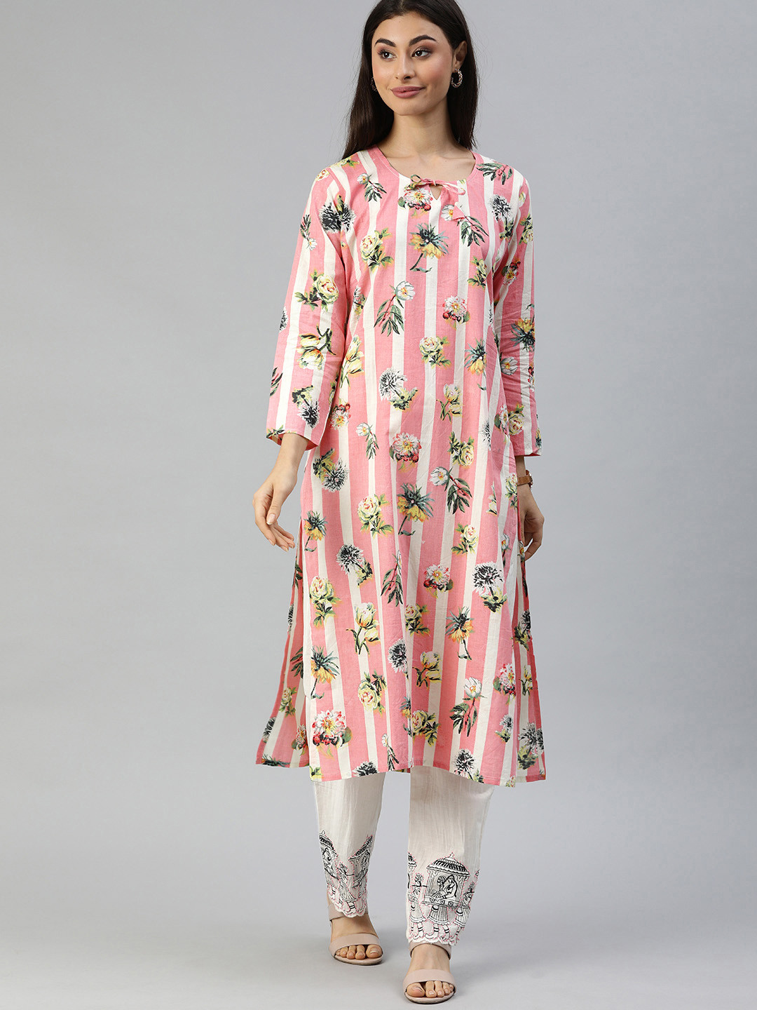 

Ishin Women Pink & Off-White Printed Kurta with Trousers