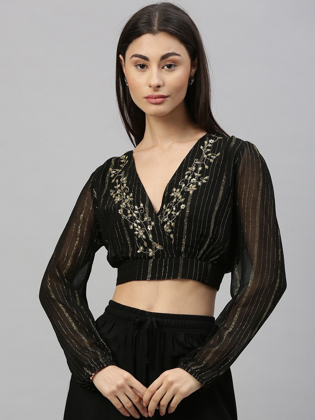 

Ishin Women Black Embellished Cinched Waist Crop Top