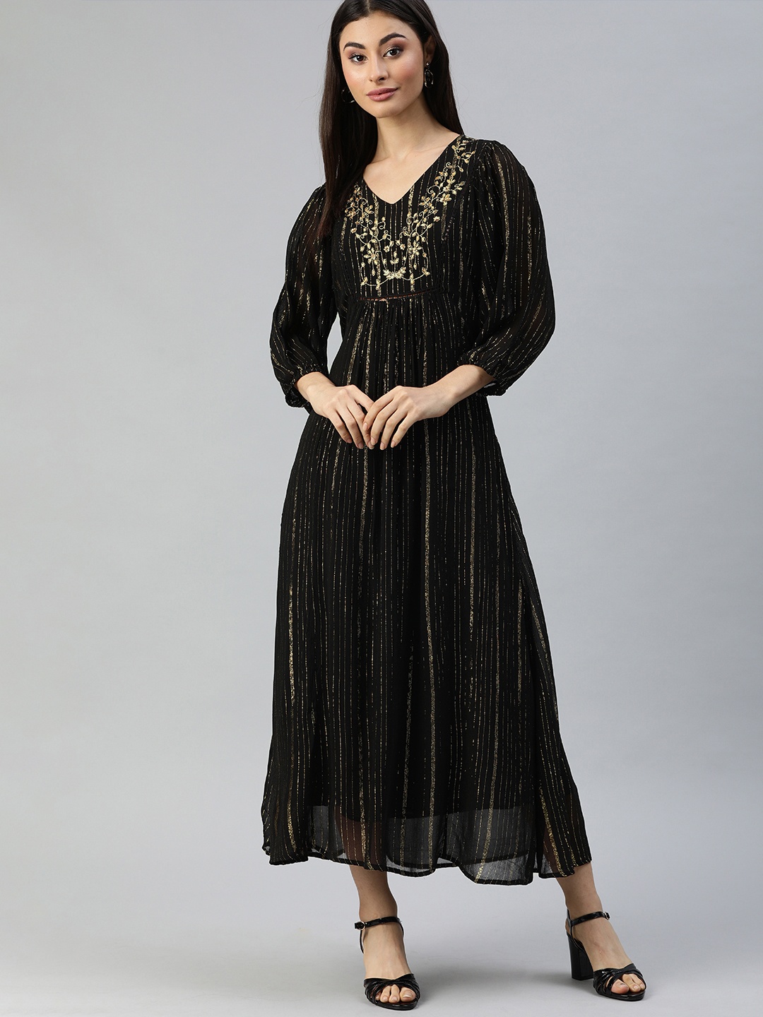 

Ishin Women Black & Gold-Coloured Striped Maxi Dress with Embroidered Detail