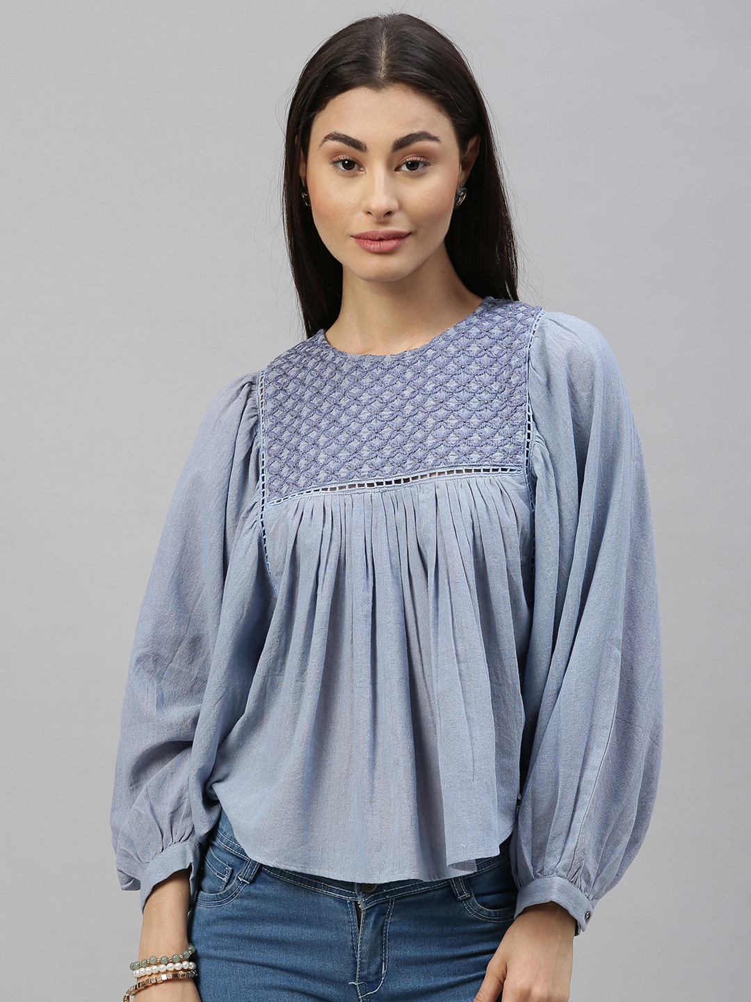 

Ishin Women Blue Embroidered Pleated Pure Cotton Top