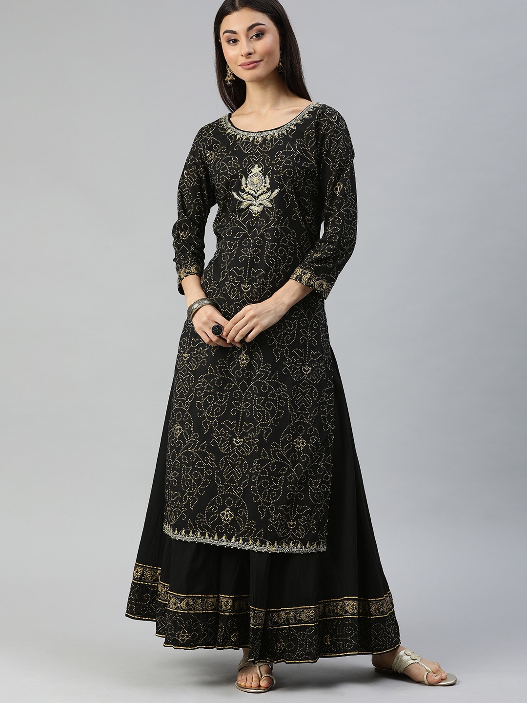 

Ishin Women Black & Beige Printed Kurta with Sharara