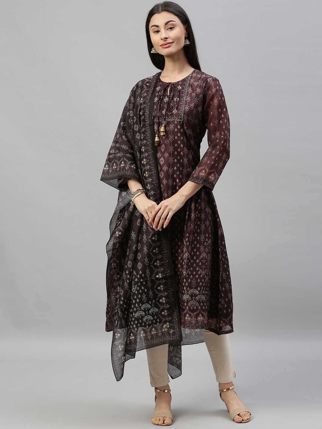 

Ishin Women Brown Embellished A-Line Kurta with Dupatta