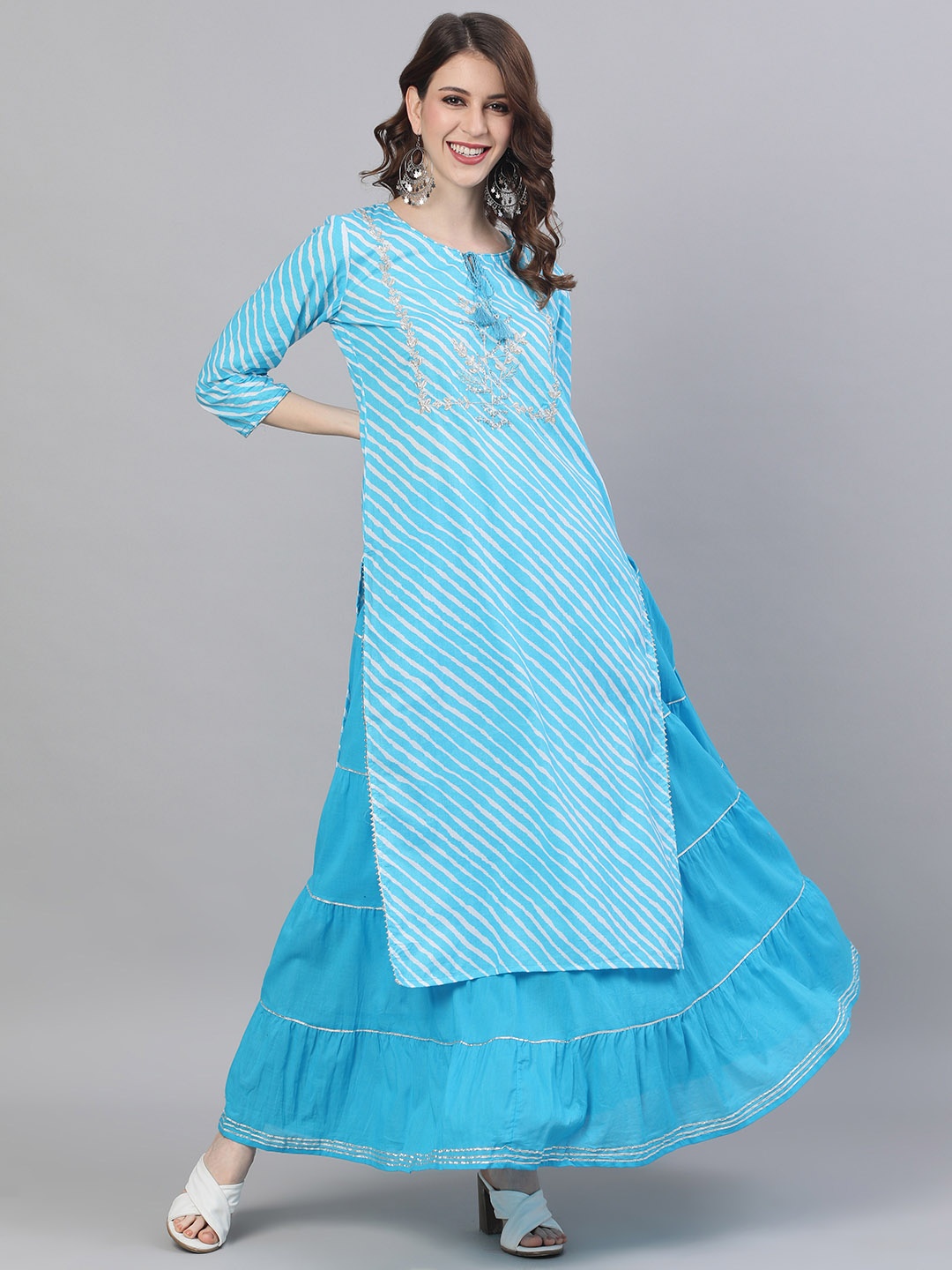 

Ishin Women Blue & White Leheriya Striped Kurta with Skirt