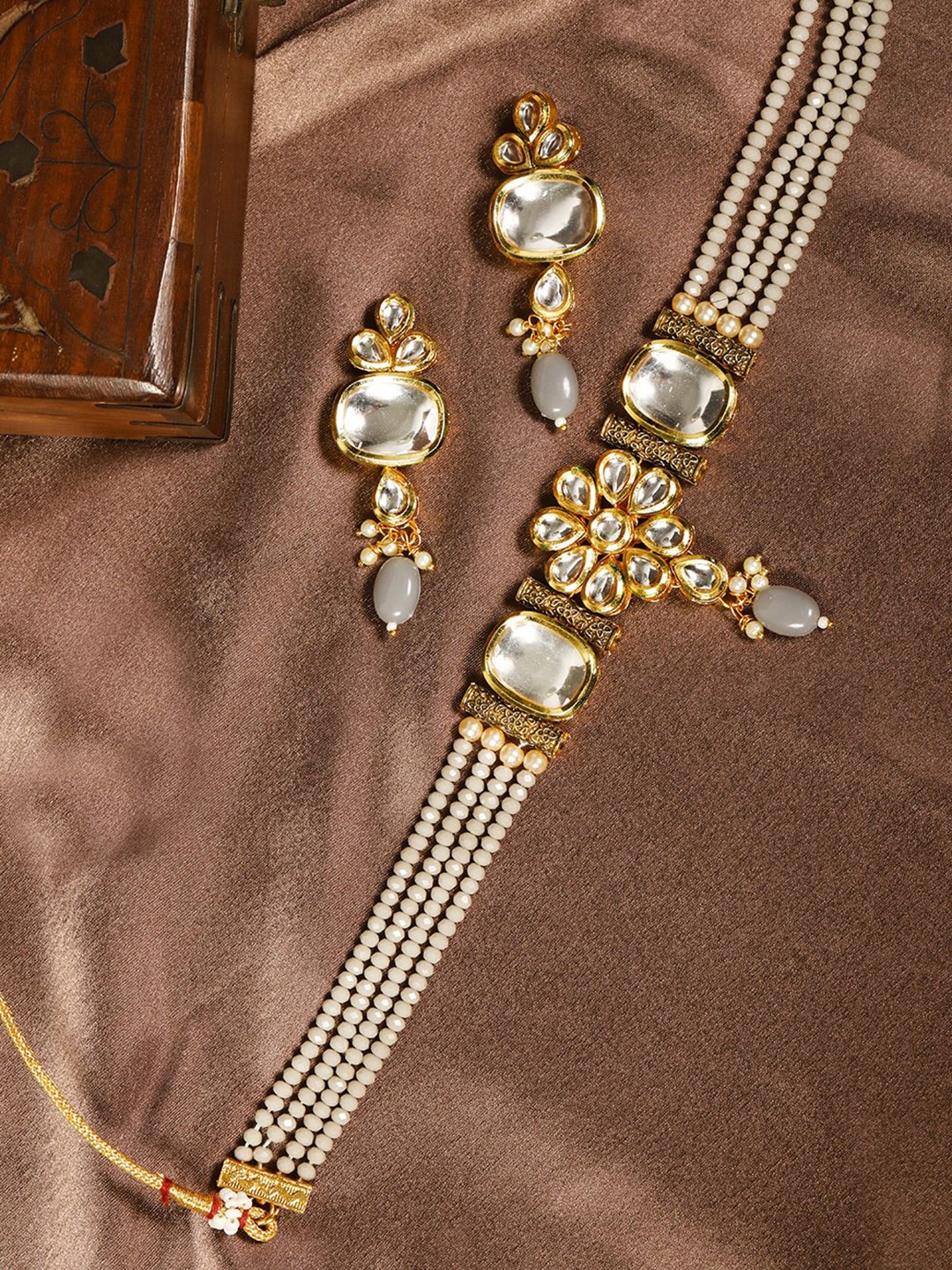 

Priyaasi Grey Gold-Plated Stone-Studded Beaded Handcrafted Jewellery Set