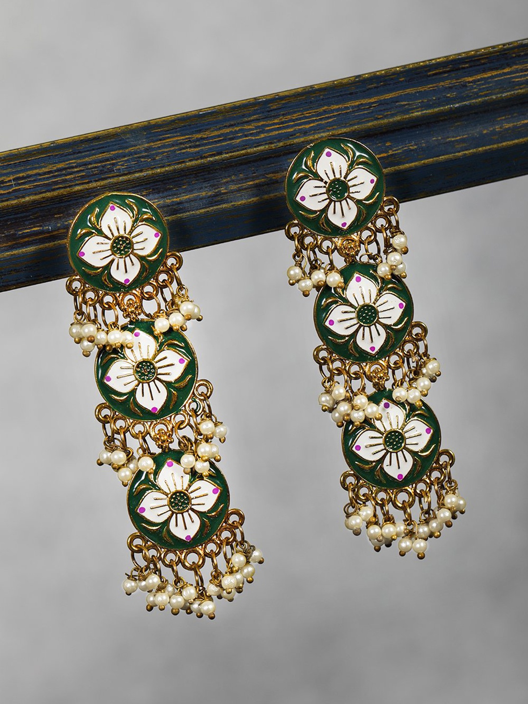 

Priyaasi Green & White Gold-Plated Handcrafted Beaded Contemporary Drop Earrings