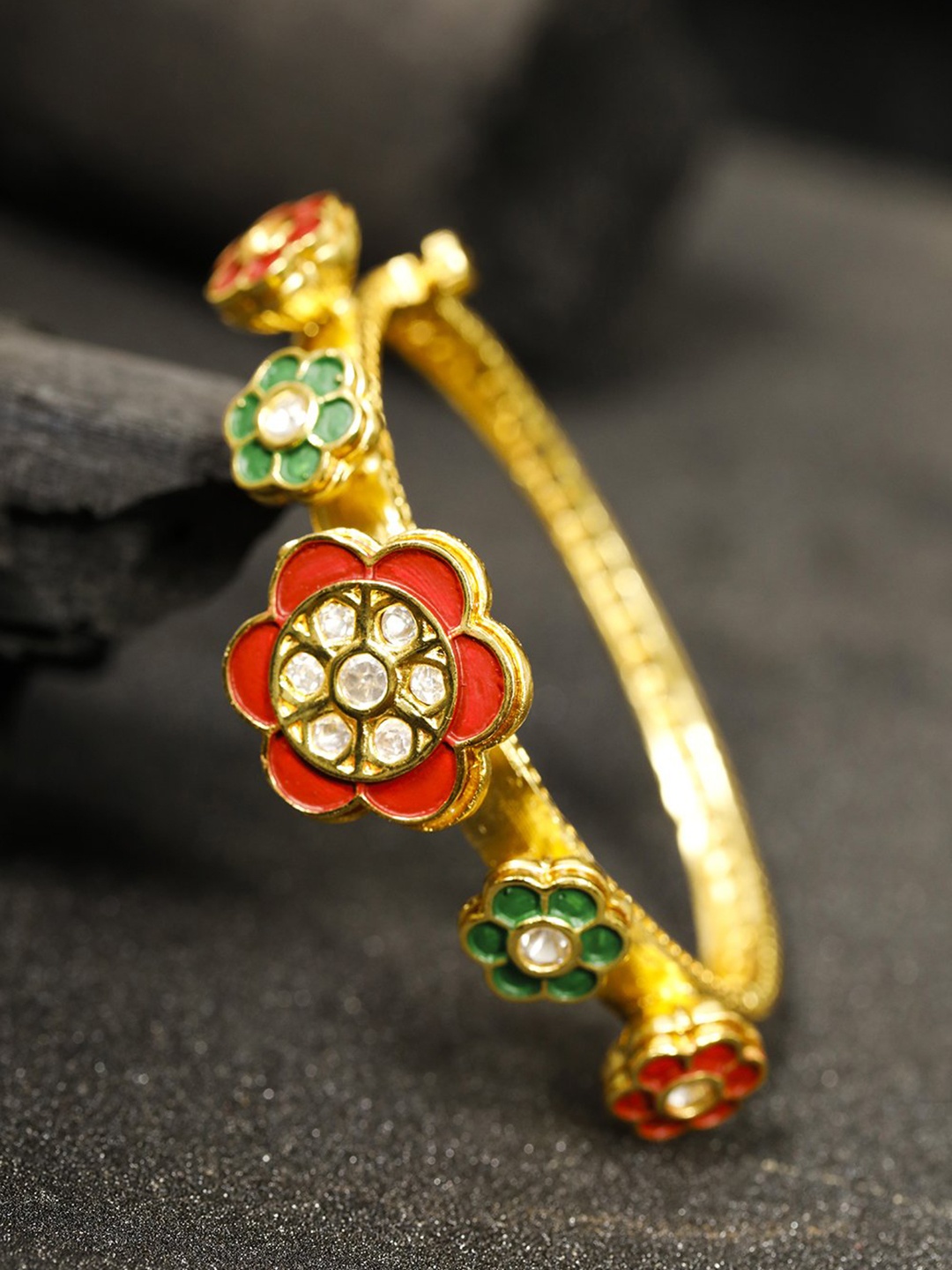 

Priyaasi Red & Green Gold-Plated Stone-Studded Enamelled Handcrafted Bangle-Style Bracelet