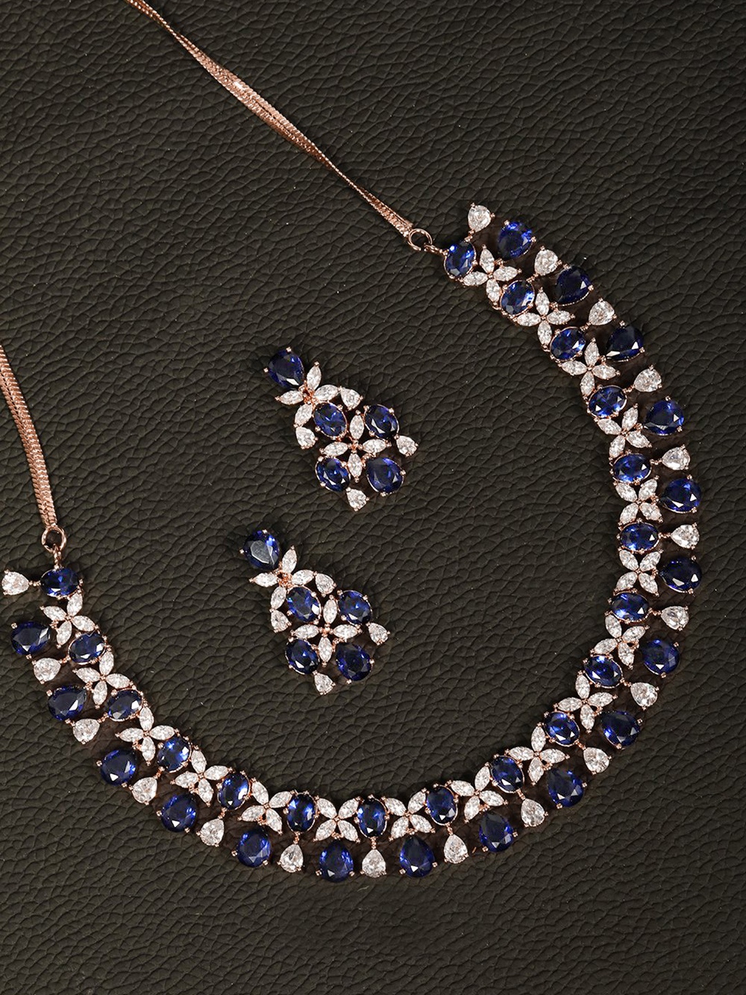 

Priyaasi Navy Rose Gold-Plated AD-Studded Handcrafted Jewellery Set, Navy blue