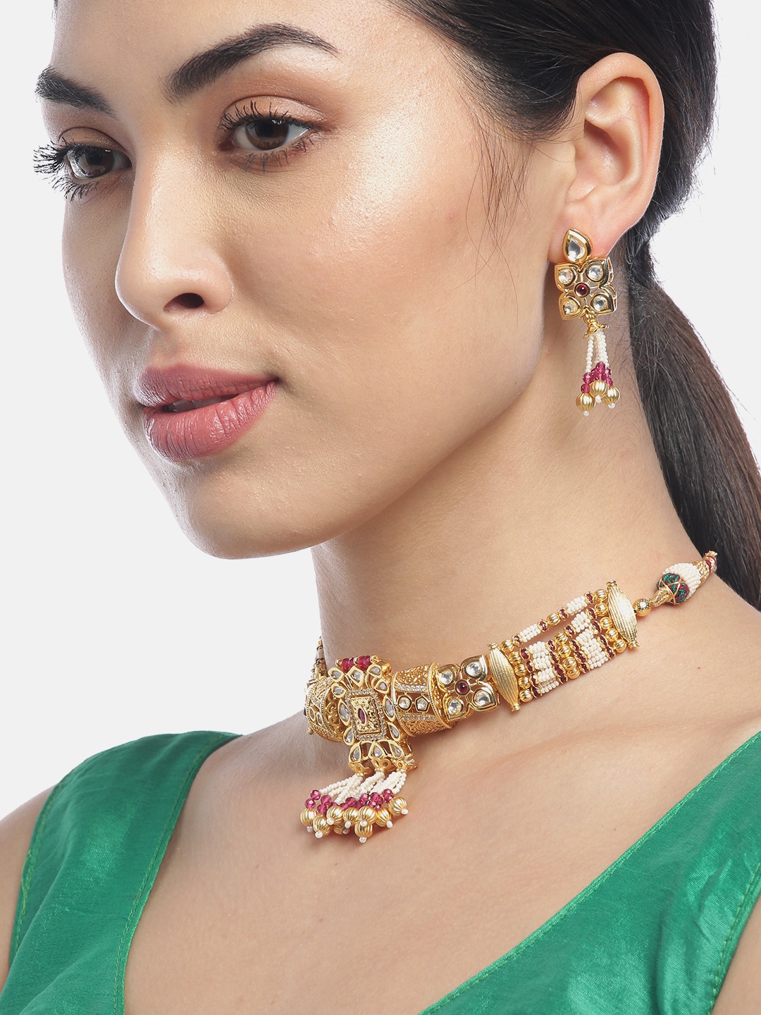 

Priyaasi Pink & White Gold-Plated Handcrafted Stone-Studded & Beaded Jewellery Set