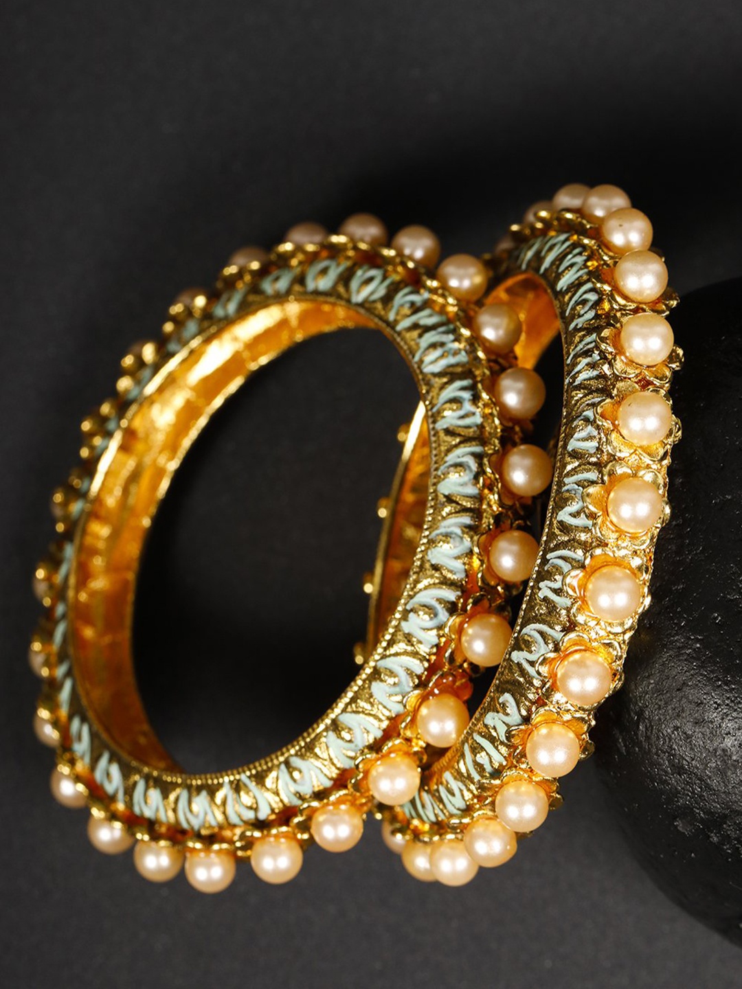 

Priyaasi Set of 2 Sea Green Gold-Plated Beaded Enamelled Handcrafted Bangles