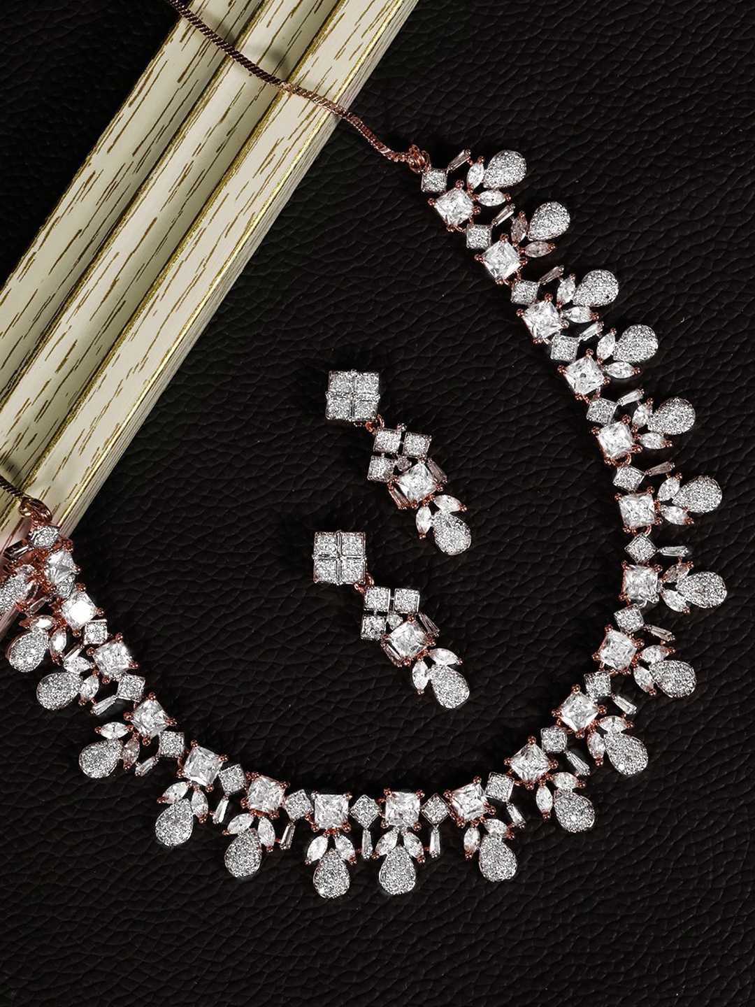 

Priyaasi Rose Gold-Plated American Diamond-Studded Handcrafted Jewellery Set