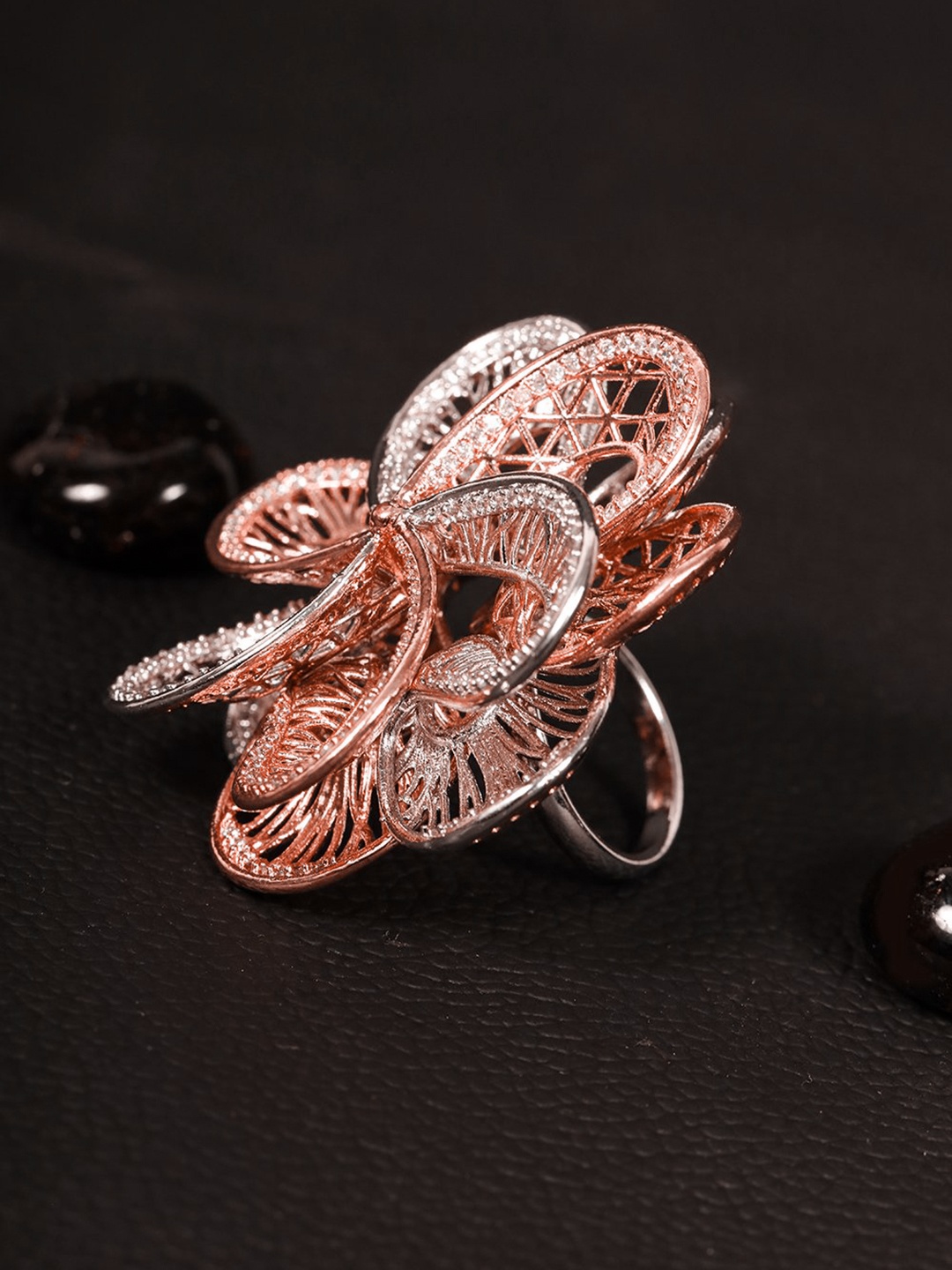 

Priyaasi Rose Gold-Plated & Silver-Plated Stone-Studded Handcrafted Adjustable Finger Ring