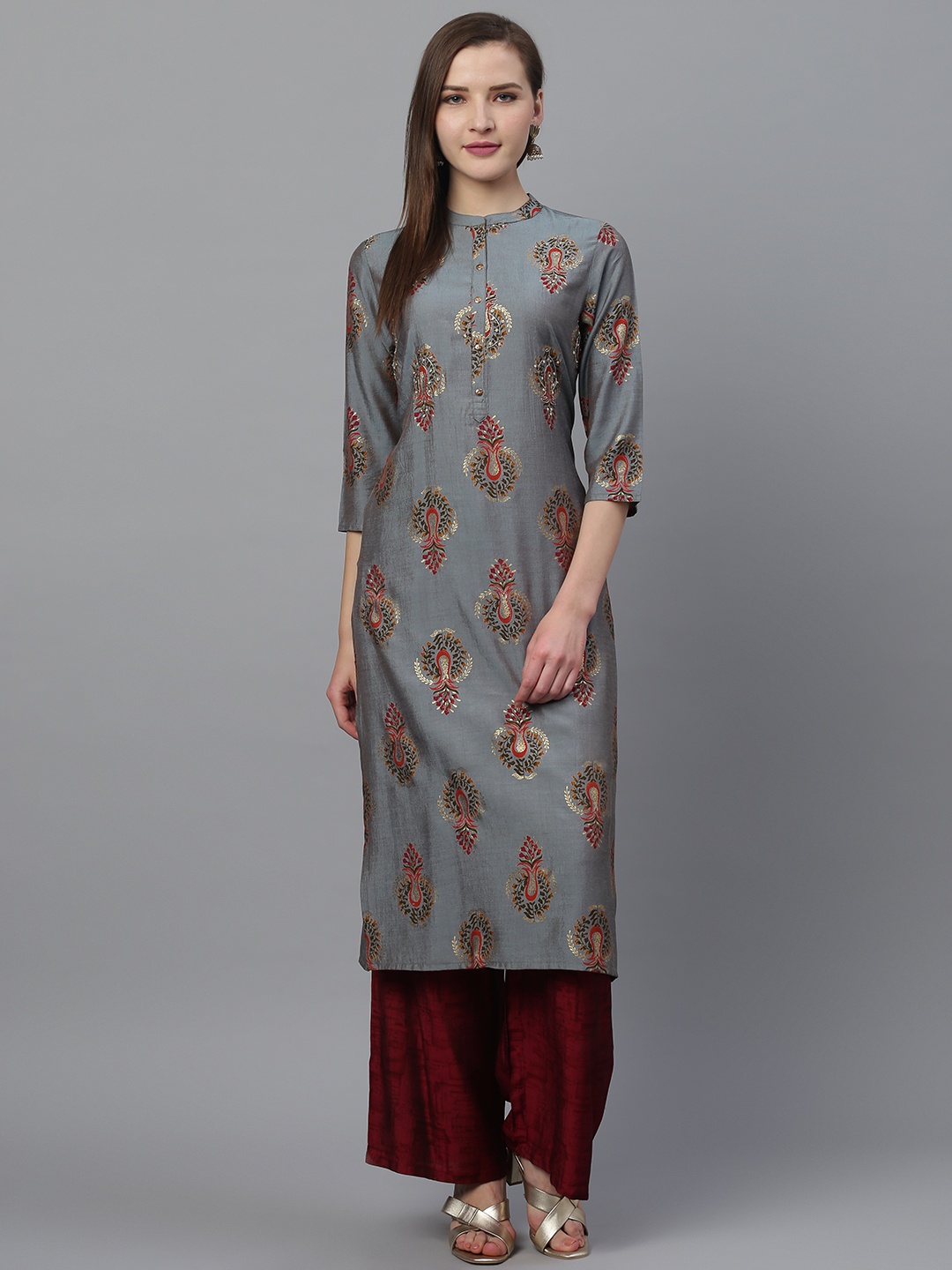 

Ishin Women Grey & Maroon Foil Printed Kurta with Palazzos