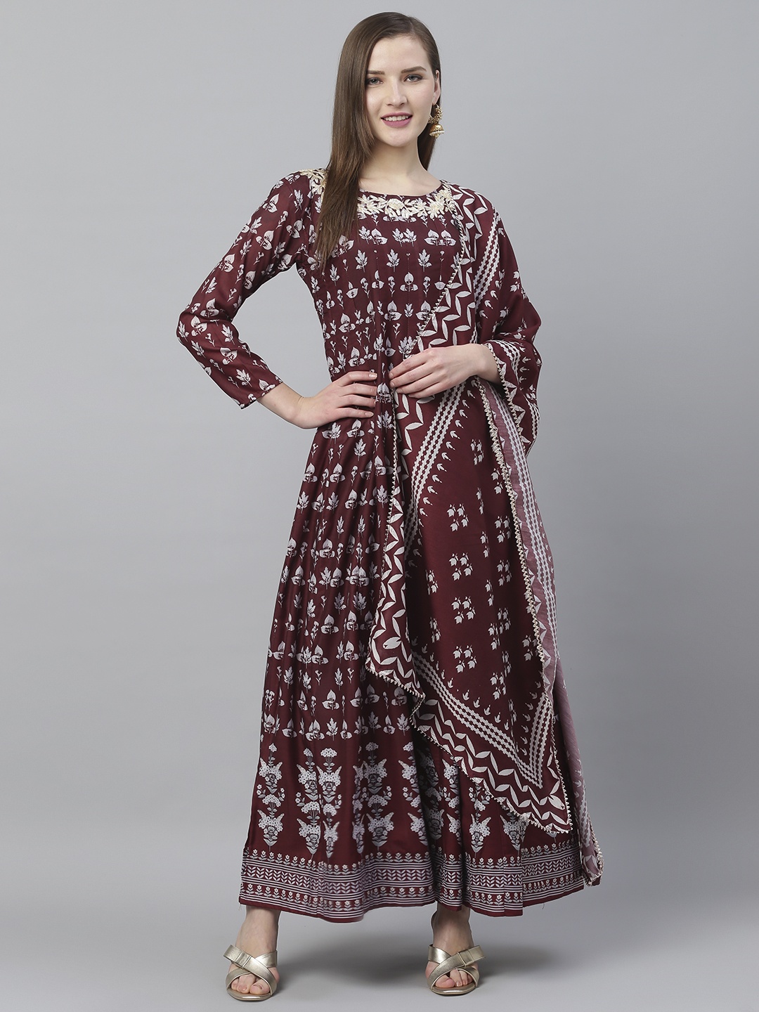 

Ishin Women Coffee Brown & Off-White Floral Block Printed Anarkali Kurta with Dupatta