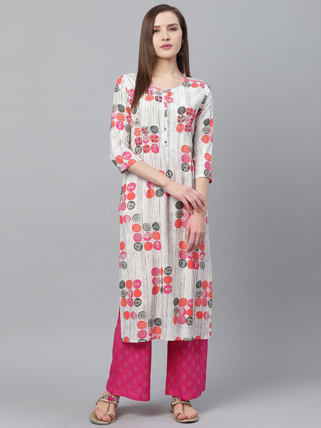 

Ishin Women Off-White & Pink Printed Kurta with Palazzos