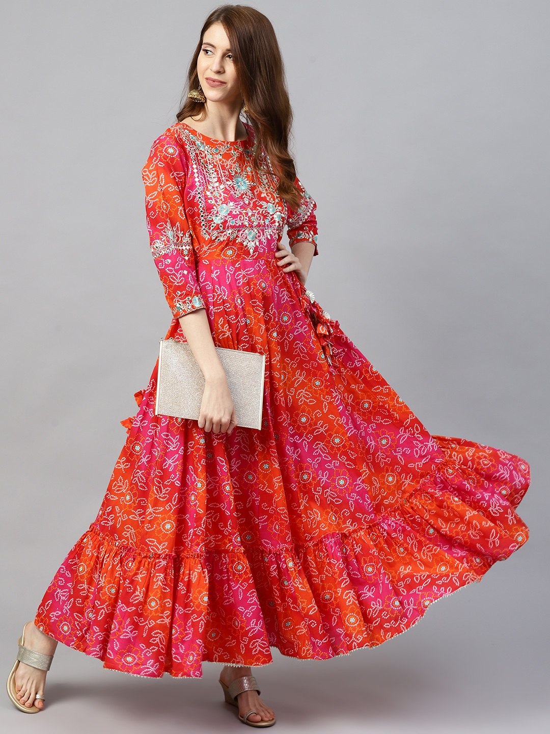 

Ishin Women Red & Orange Bandhani Print Anarkali Kurta