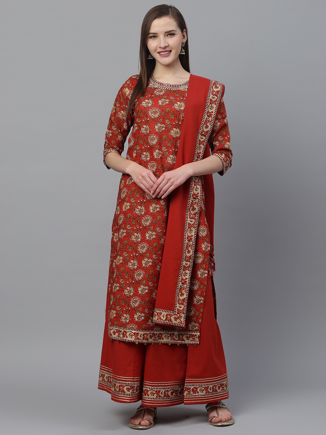 

Ishin Women Rust Red & Beige Kalamkari Print Kurta with Palazzos & Dupatta