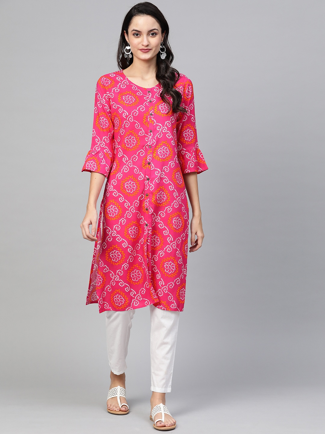 

Ishin Women Pink & White Bandhani Print Straight Kurta