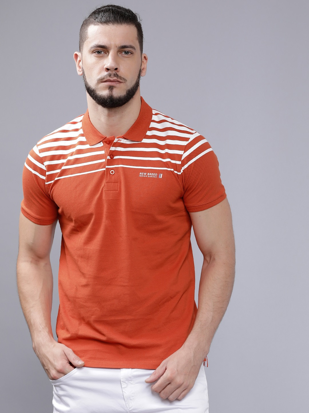 

The Indian Garage Co Men Rust Red & White Striped Slim Fit Polo Collar T-shirt
