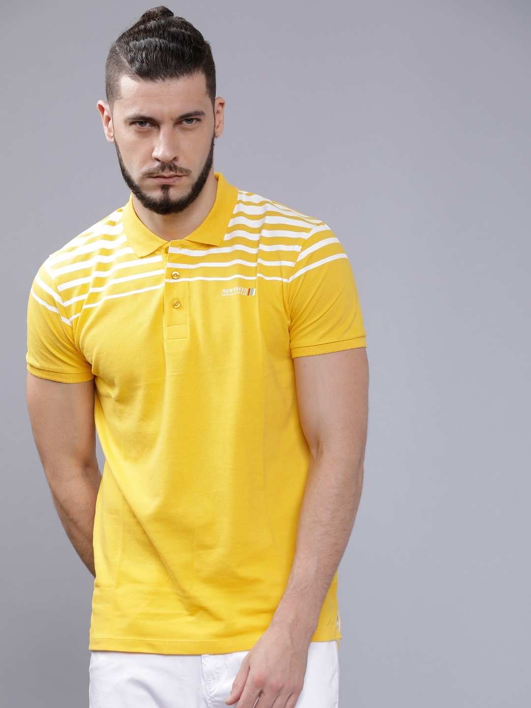 

The Indian Garage Co Men Yellow & White Striped Slim Fit Polo Collar T-shirt