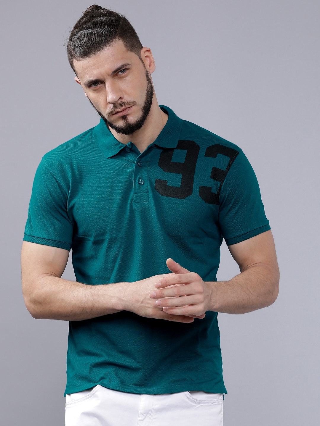

The Indian Garage Co Men Teal Green & Black Printed Slim Fit Polo Collar T-shirt