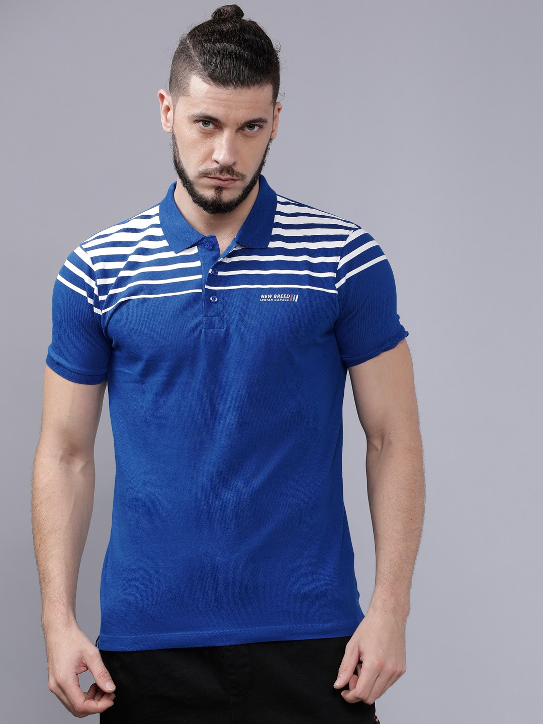 

The Indian Garage Co Men Blue & White Striped Slim Fit Polo Collar T-shirt
