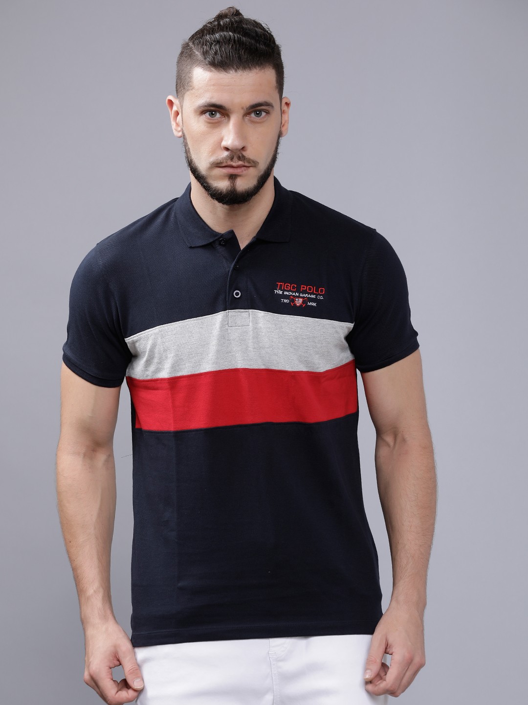 

The Indian Garage Co Men Navy Blue Colourblocked Polo Collar T-shirt