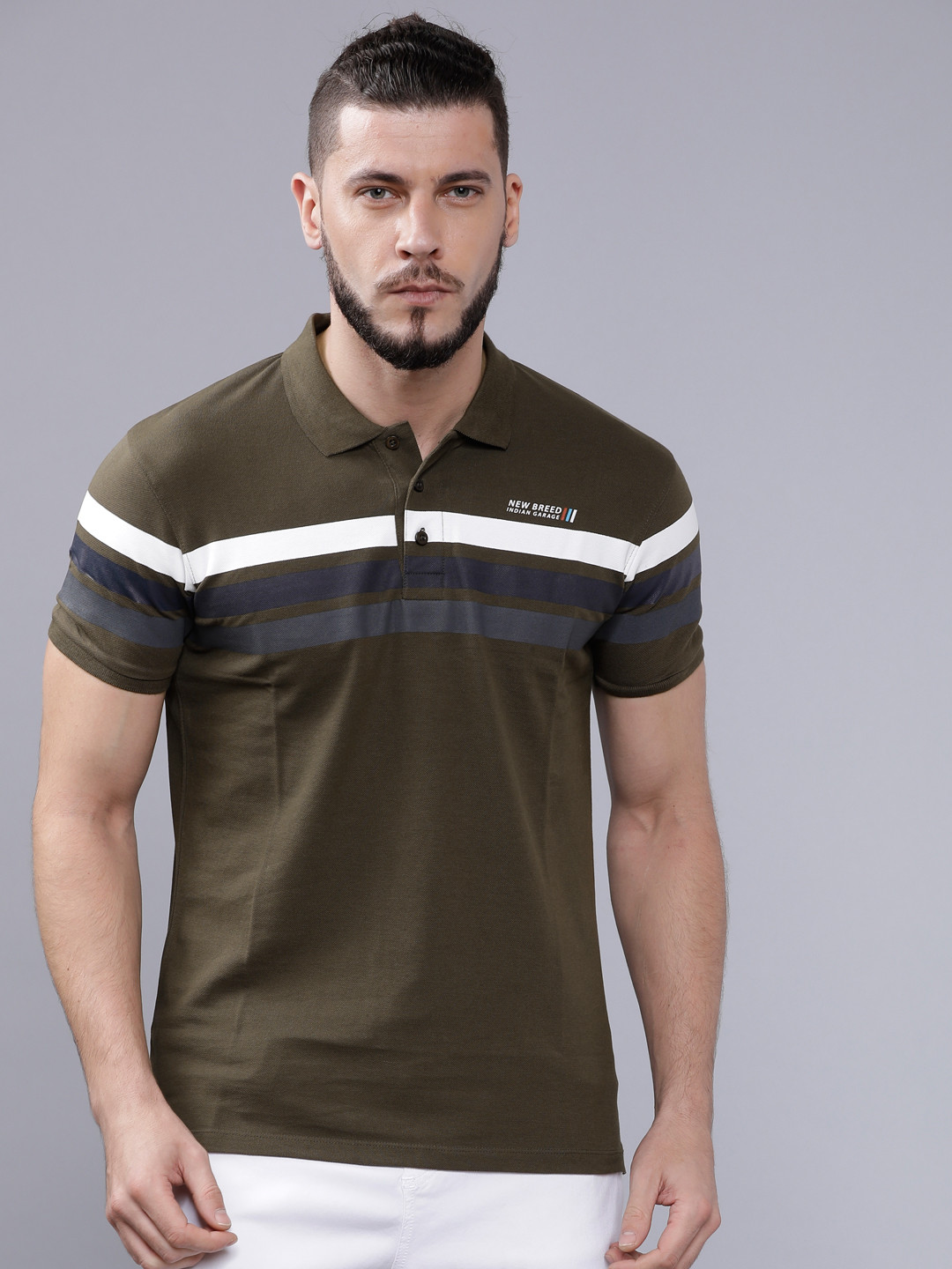 

The Indian Garage Co Men Olive Green Striped Polo Collar T-shirt