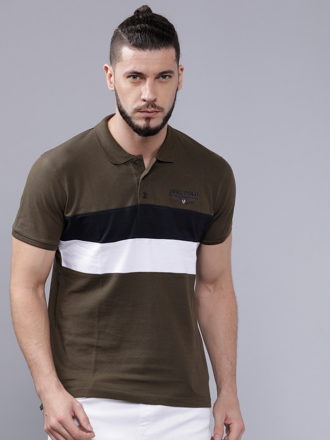

The Indian Garage Co Men Olive Green Striped Polo Collar T-shirt